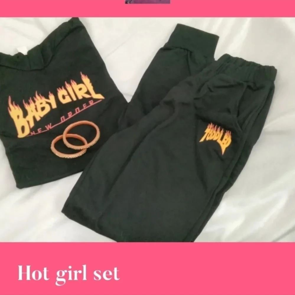 Black Hoodie and Joggers Set with Flame Graphic